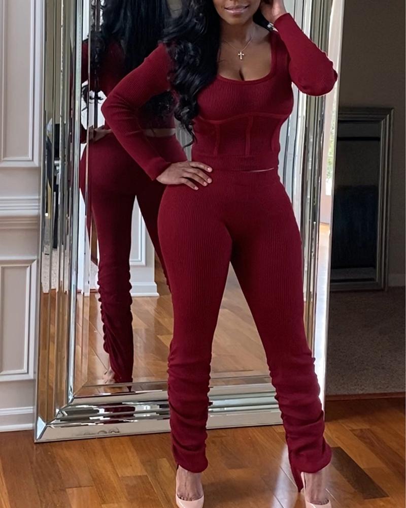 

Solid Color Long Sleeve Pants Sets, Wine red