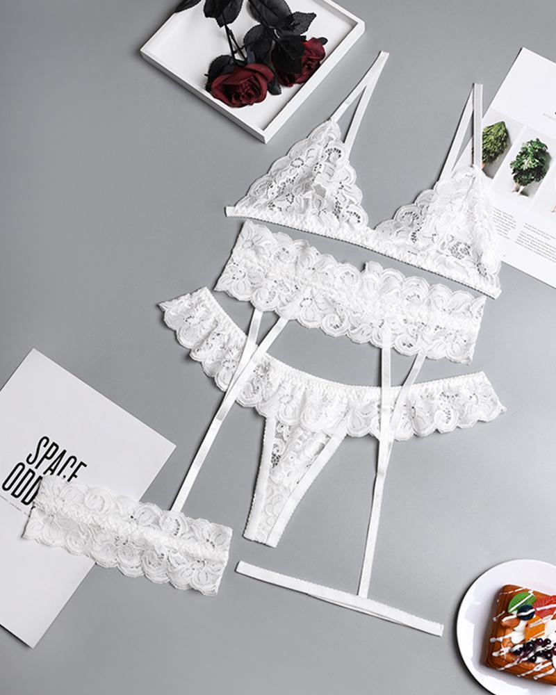 

Sexy Lace Sling Bra Sets With Garter, White