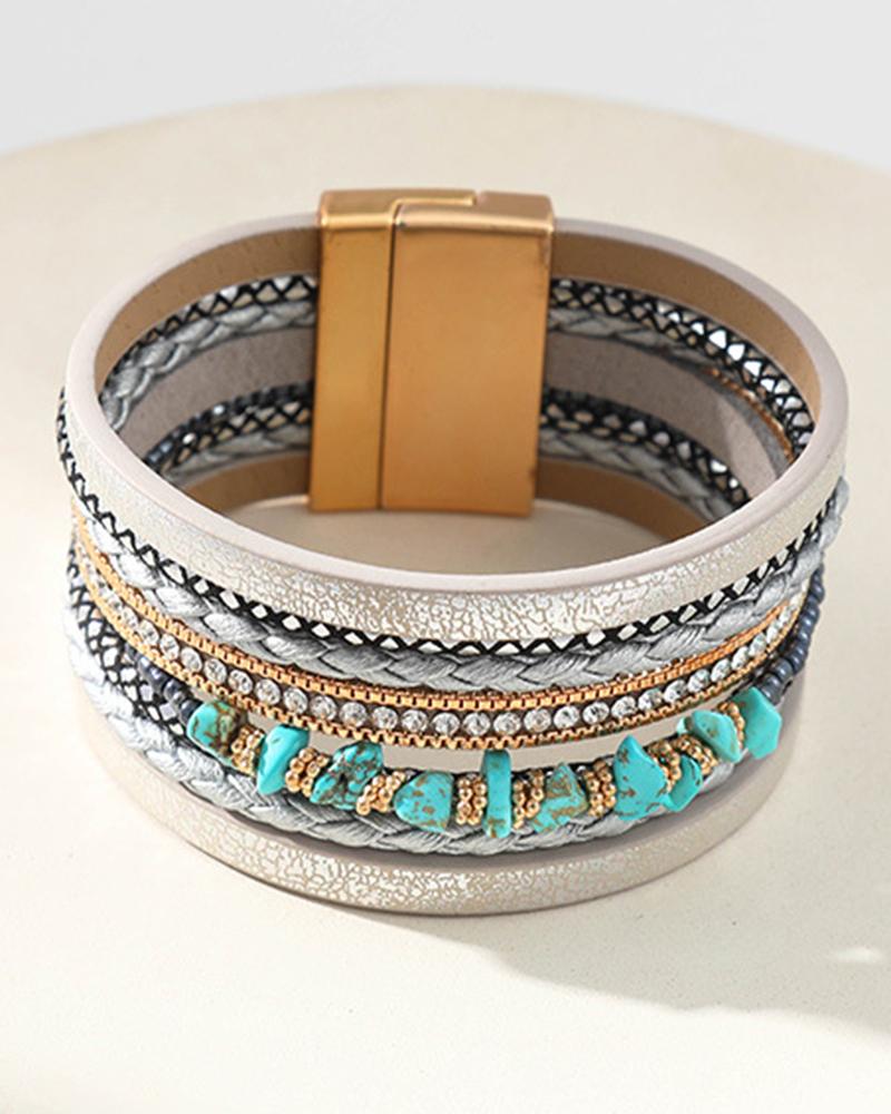 

1pc Bohemian Turquoise Beaded Wide Magnet Bracelet, Silver