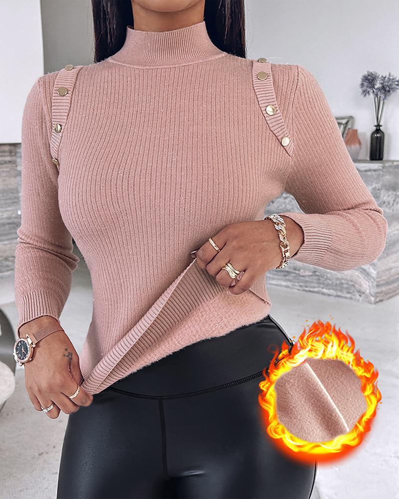 

High Neck Knit Sweater Fleece Lined Front Button Basic Layering Soft Thermal Top, Pink