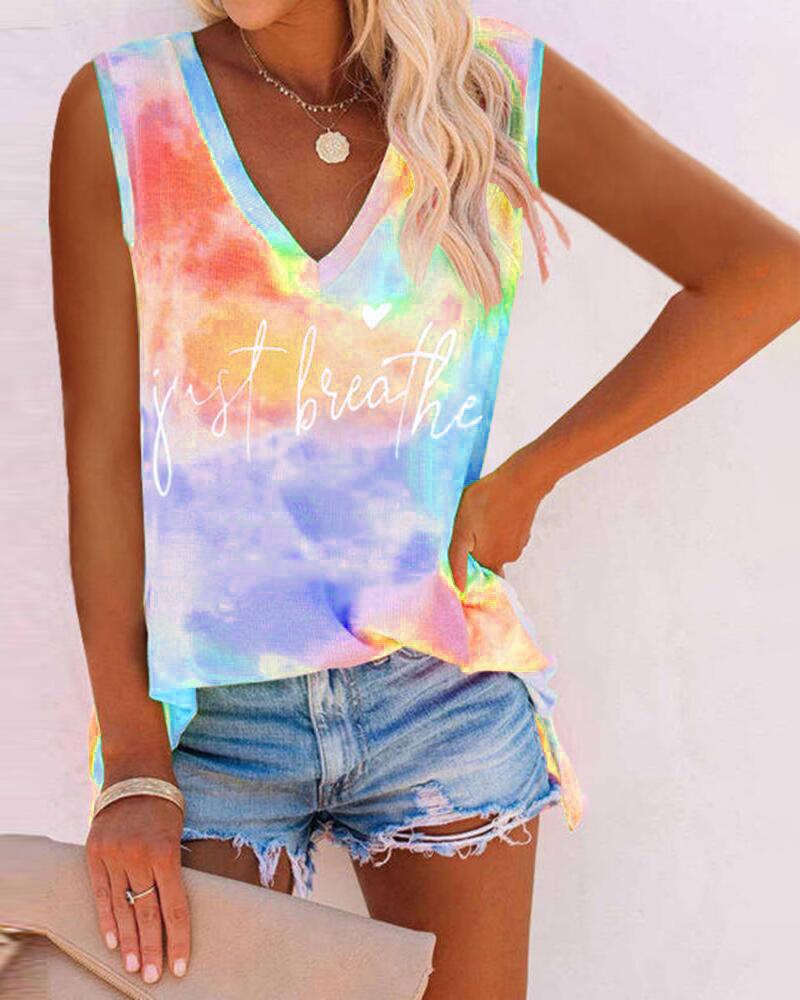 

Tie Dye Letter Heart Print Tank Top, Orange