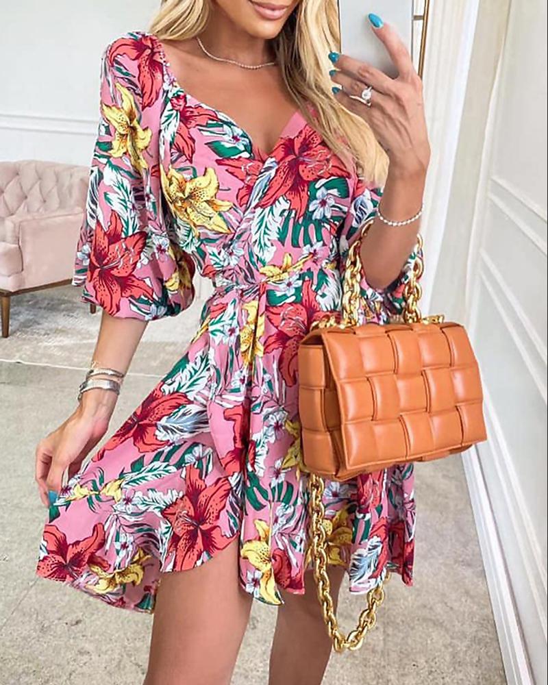 

V-Neck Lantern Sleeve Dress With Belt, Style1
