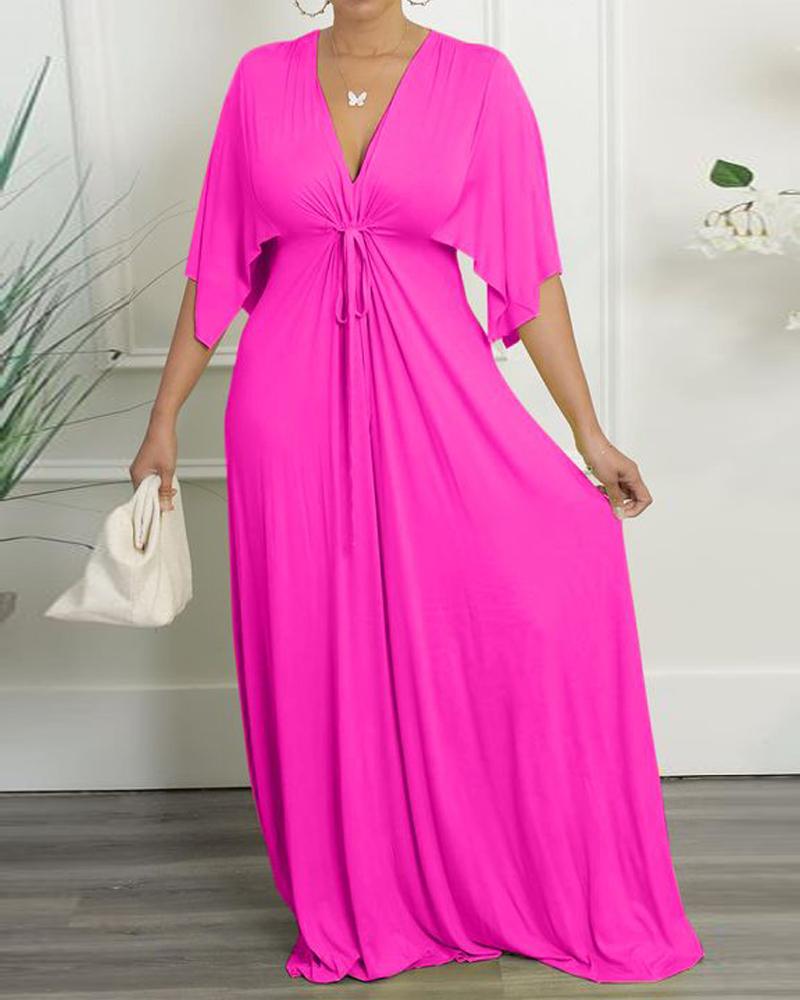 

Drawstring Ruched Batwing Sleeve Plunge Maxi Dress, Hot pink
