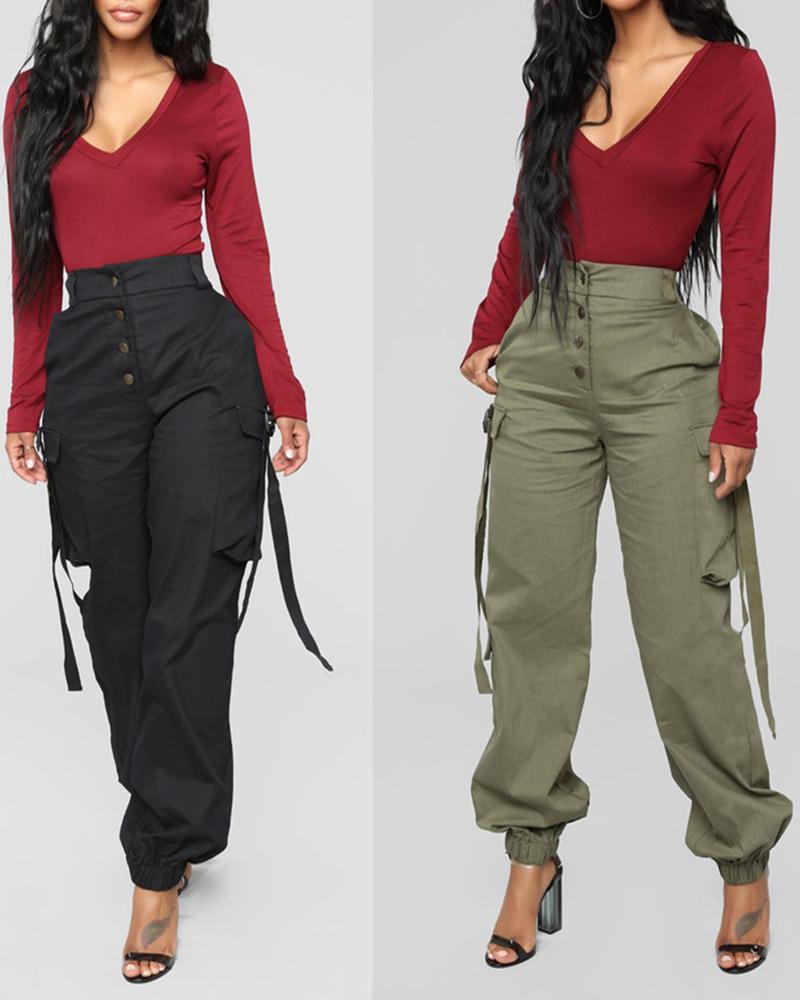 

High Waist Button Pocket Design Cargo Pants, Black