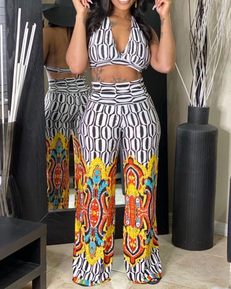 

All Over Print Halter Crop Top & Graphic Print Pants Set, Black