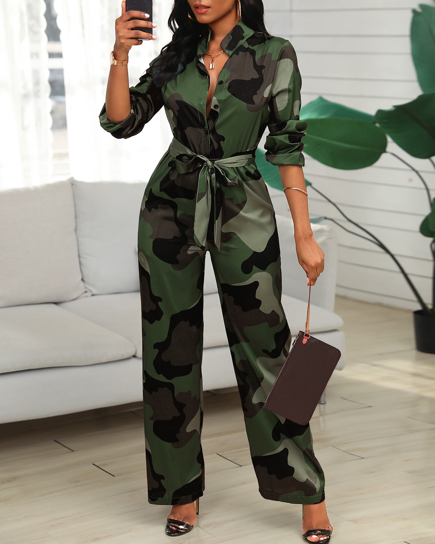 V Neck Camouflage Print Buttoned Jumpsuit