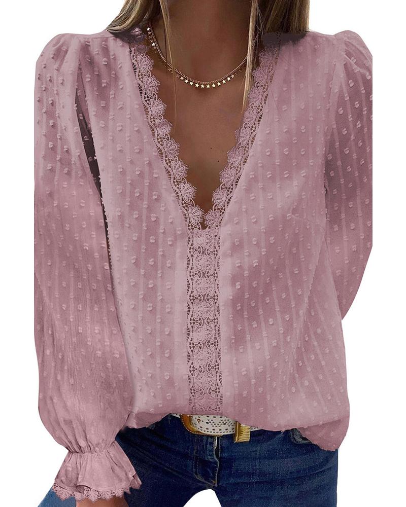 

Lace Patch Swiss Dot Lantern Sleeve Top, Pink