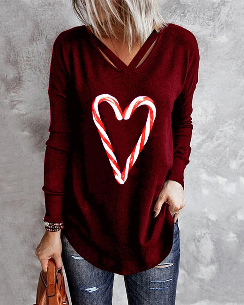 

Heart Print Long Sleeve Top, Wine red