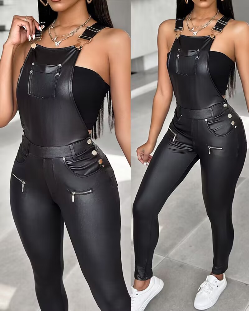 

Buckled Zipper Design Suspender Jumpsuit, Black