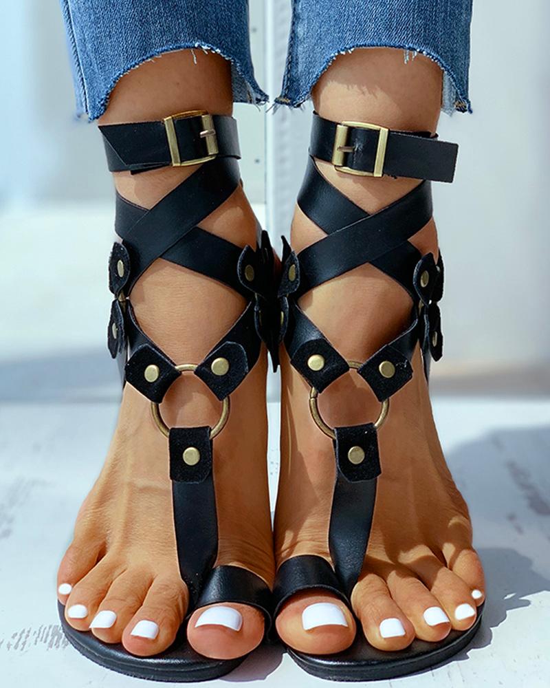 

Toe Ring Buckled O-ring Design Flat Sandals, Black