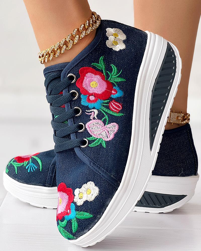 

Floral Embroidery Lace-up Casual Muffin Sneakers, Blue