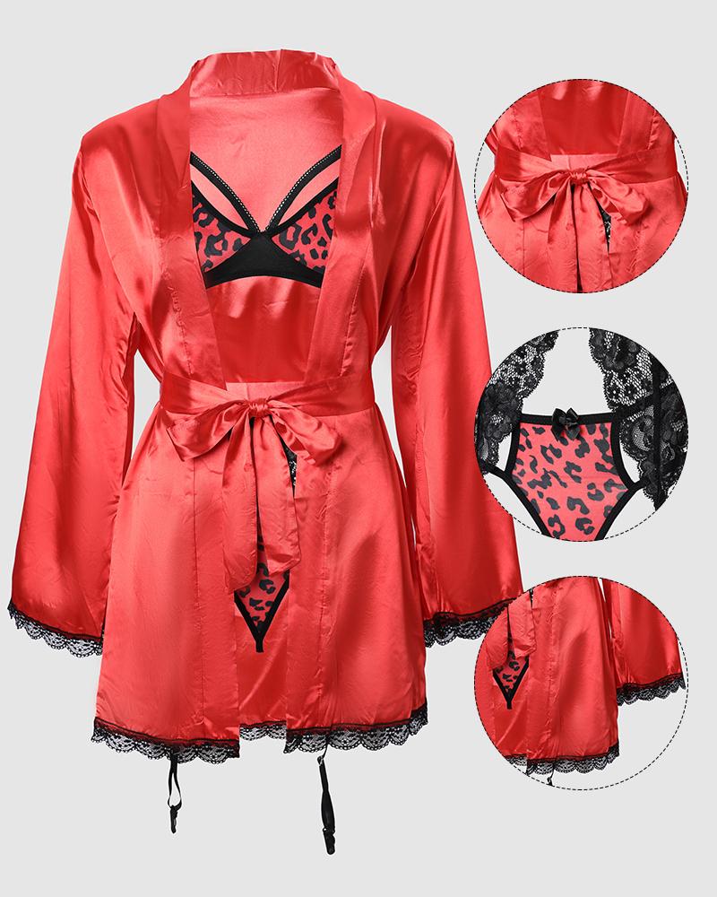 

4PCS Leopard Print Contrast Lace Garter Christmas Lingerie Set With Robe, Red