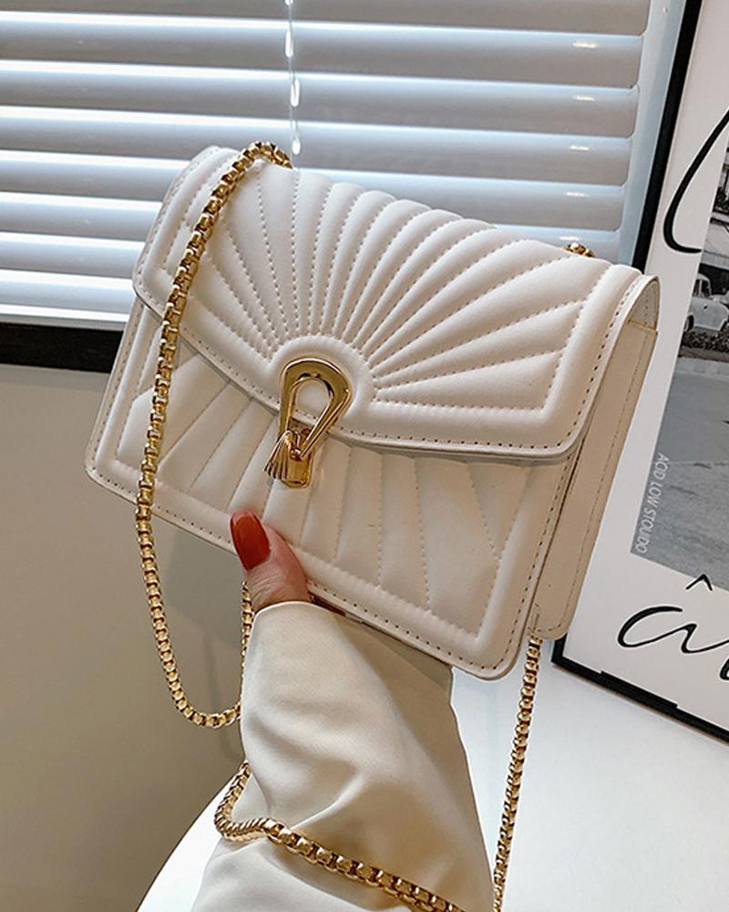 

Quilted Chain Strap Lock Flap Shoulder Bag, White