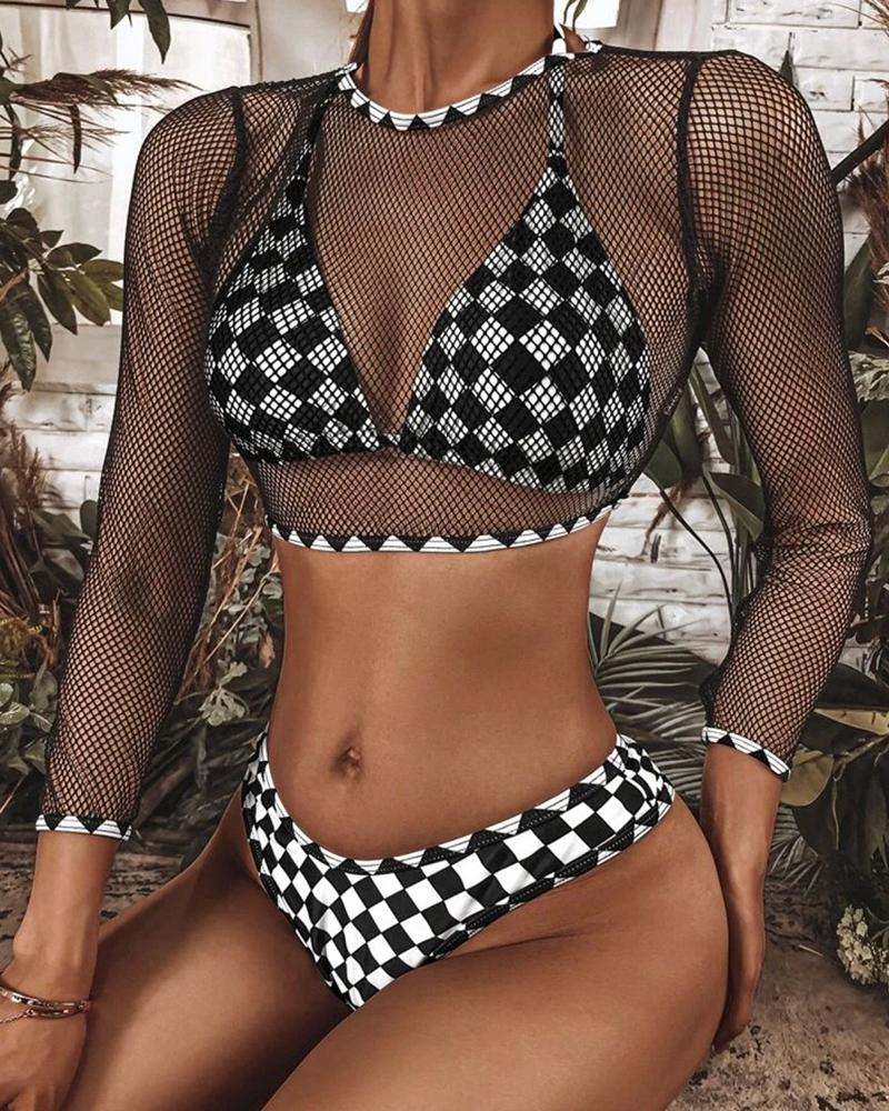 

3PCS Plaid Print Bikini Set With Sheer Mesh Cover Up, Black
