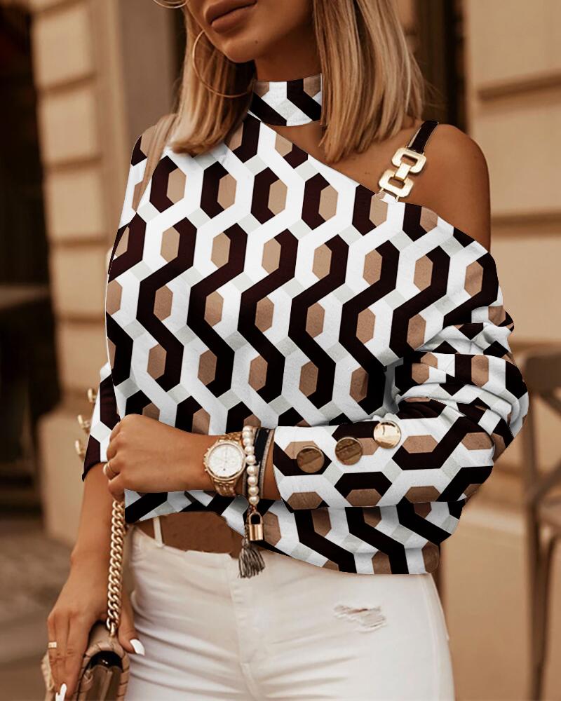 

Geometric Print Metal Decor Cold Shoulder Top, Khaki