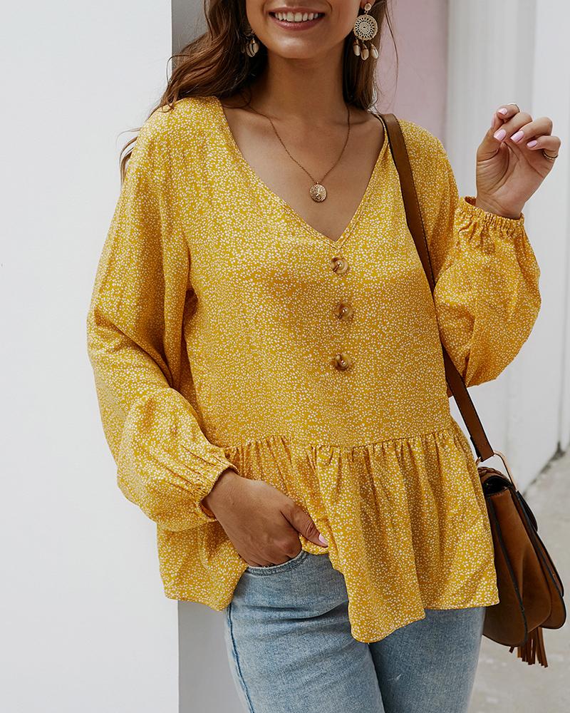 

Lantern Sleeve Ruffles Buttoned Casual Blouse, Yellow