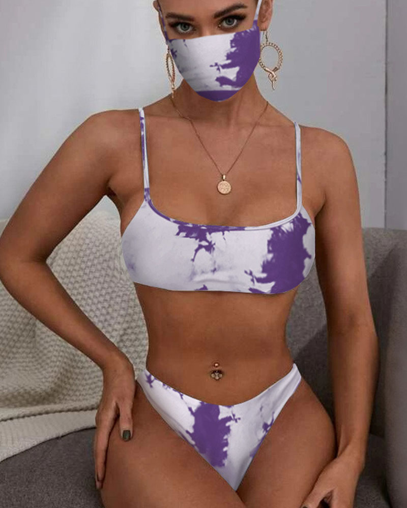 

Tie Dye Strap Tanks With High Waist Panties Bikini Sets, Purple