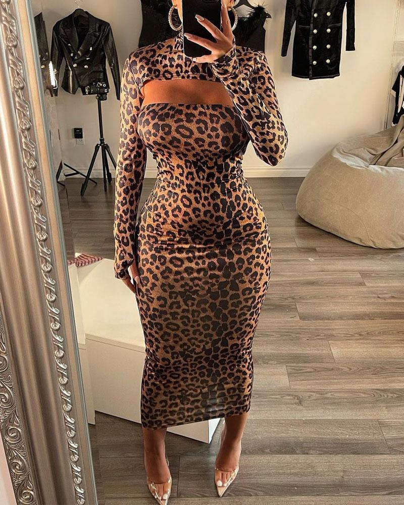 

Leopard Print Cutout Long Sleeve Skinny Maxi Dress