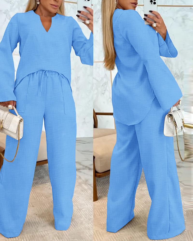 

2 Piece Notch Neck Long Sleeve Asymmetrical Hem Tops Stretchy Waist Straight Leg Pants Lounge Sets Tracksuit, Lighted blue