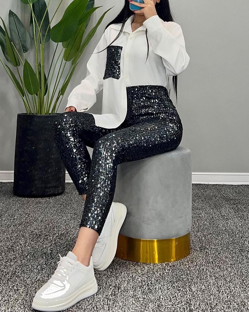 

Patchwork Shirt & High Waist Sequin Pants Set, Black