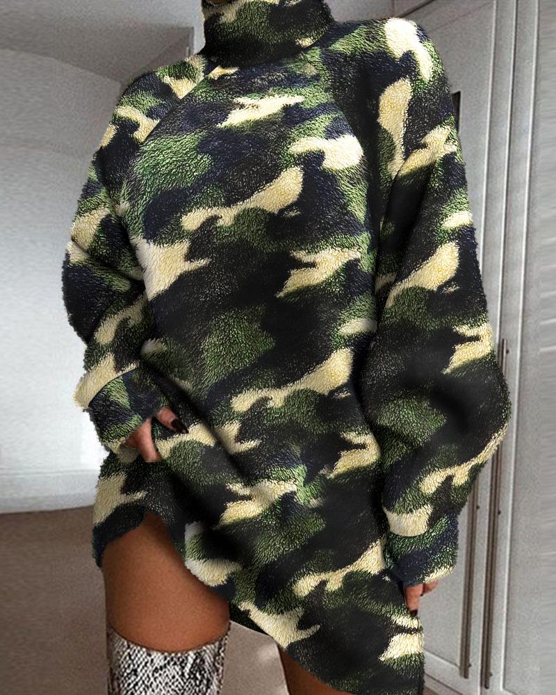 

Camo Print High Neck Fluffy Casual Dress, Camoflage