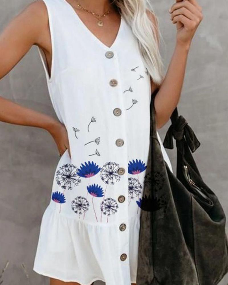 

Dandelion Print Sleeveless Ruffle Hem Mini Dress, White