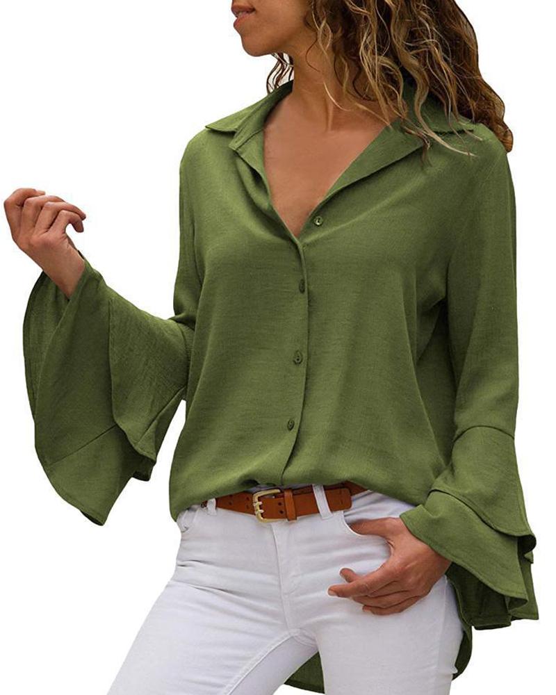 

Plain Flared Sleeve Button Front Shirt, Green