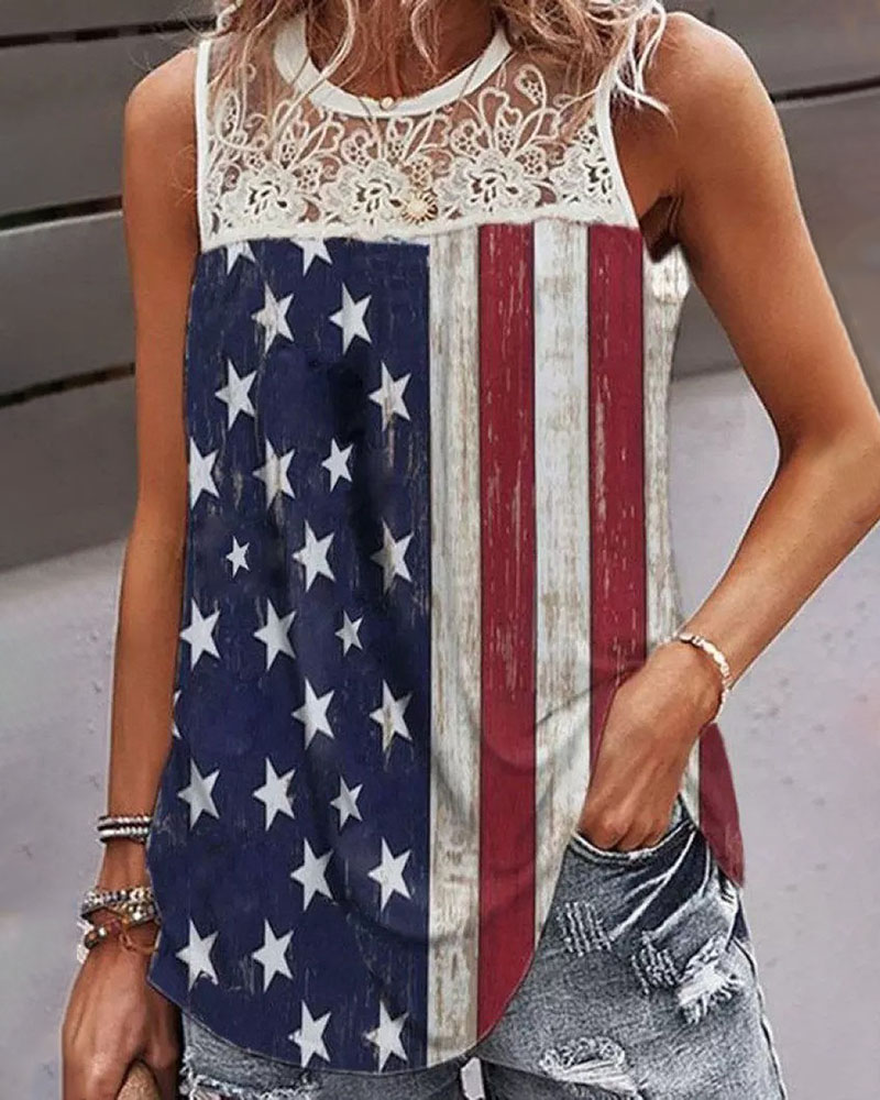 

Independence Day Flag Print Crochet Lace Tank Top, Multicolor