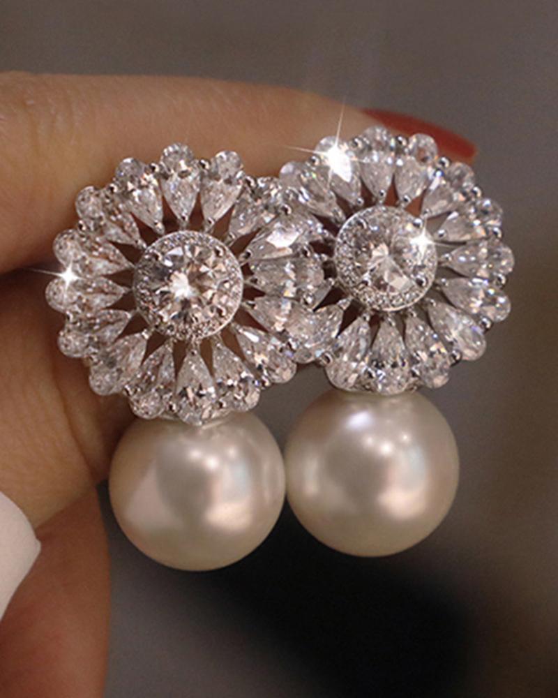 

1Pair Geometric Faux Zircon Pearls Drop Earrings, White