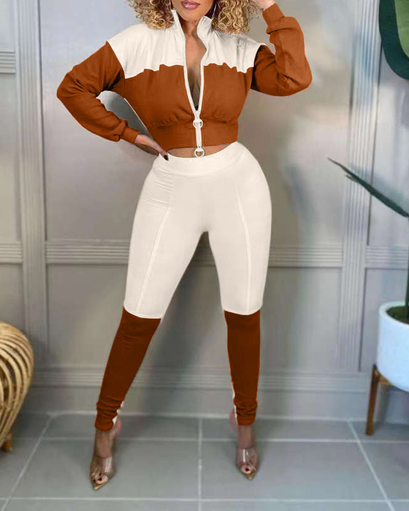 

Colorblock Zip Up Crop Top & Pants Set, Brown