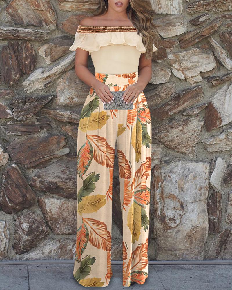

Off Shoulder Geo Trim Top & Leaf Print Pants Sets, Yellow