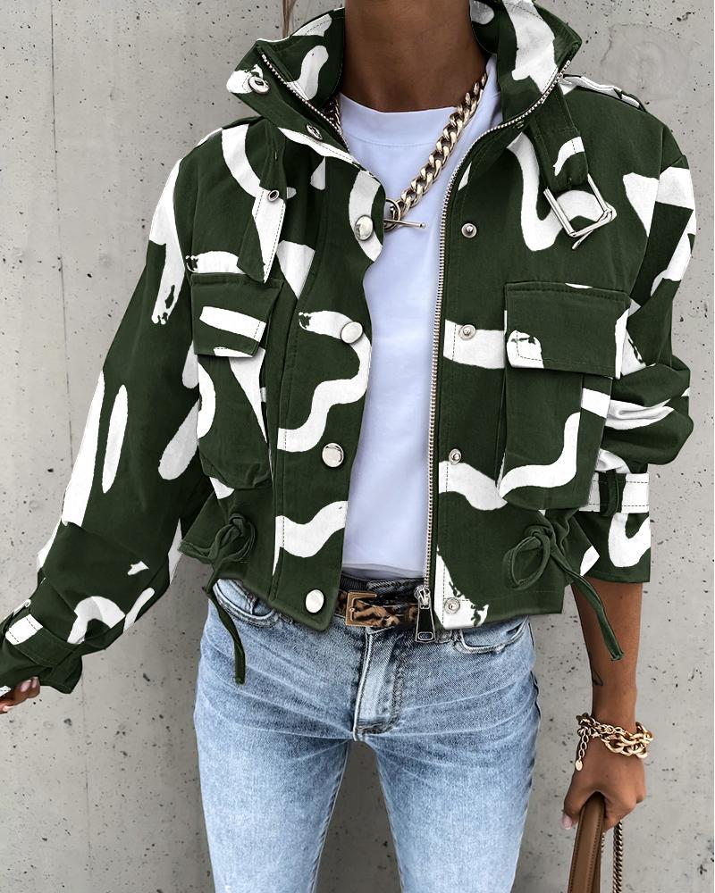 

Abstract Print Long Sleeve Zip Up Biker Jacket, Army green