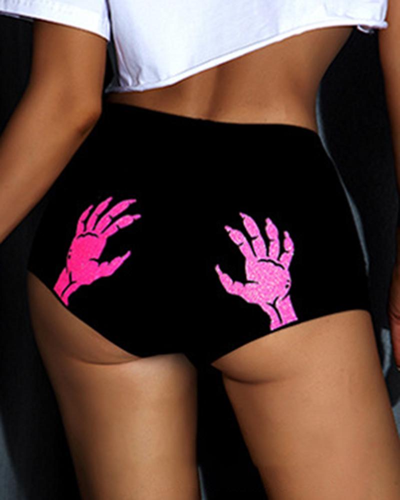 

Halloween Luminous Pink Skeleton Hands Print Panty, Black