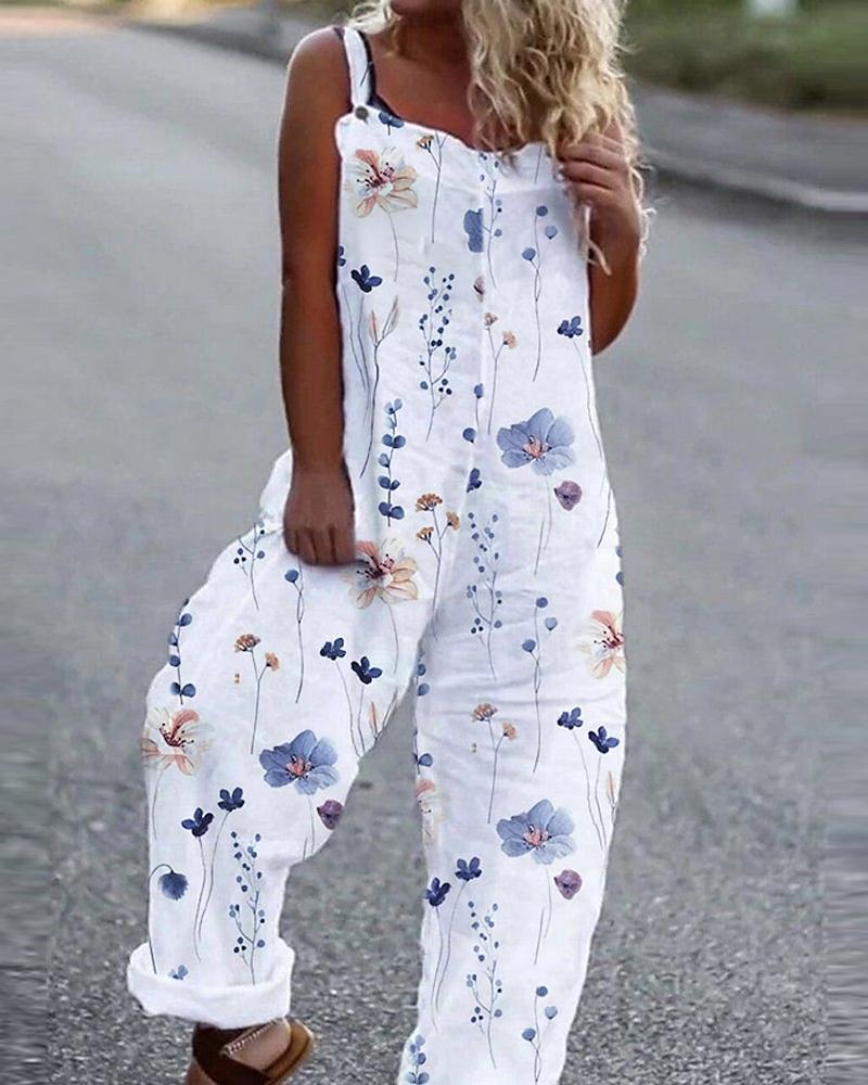 

Floral Print Wide Leg Suspender Jumpsuit, White