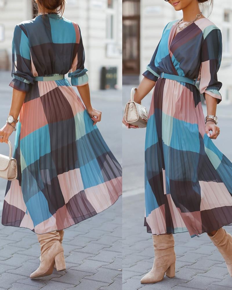 

Plaid Print Colorblock Pleated Casual Dress, Multicolor