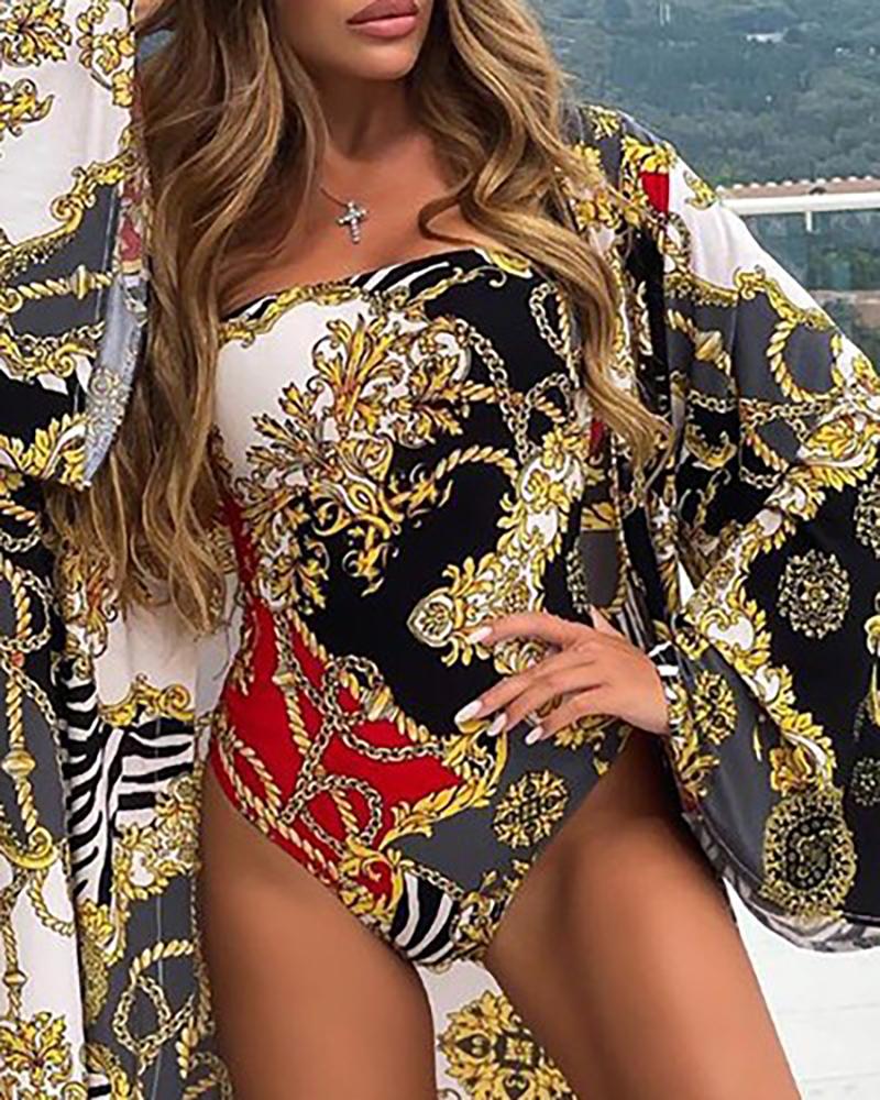 

Baroque Print Spaghetti Strap One Piece Swimsuit, Multicolor