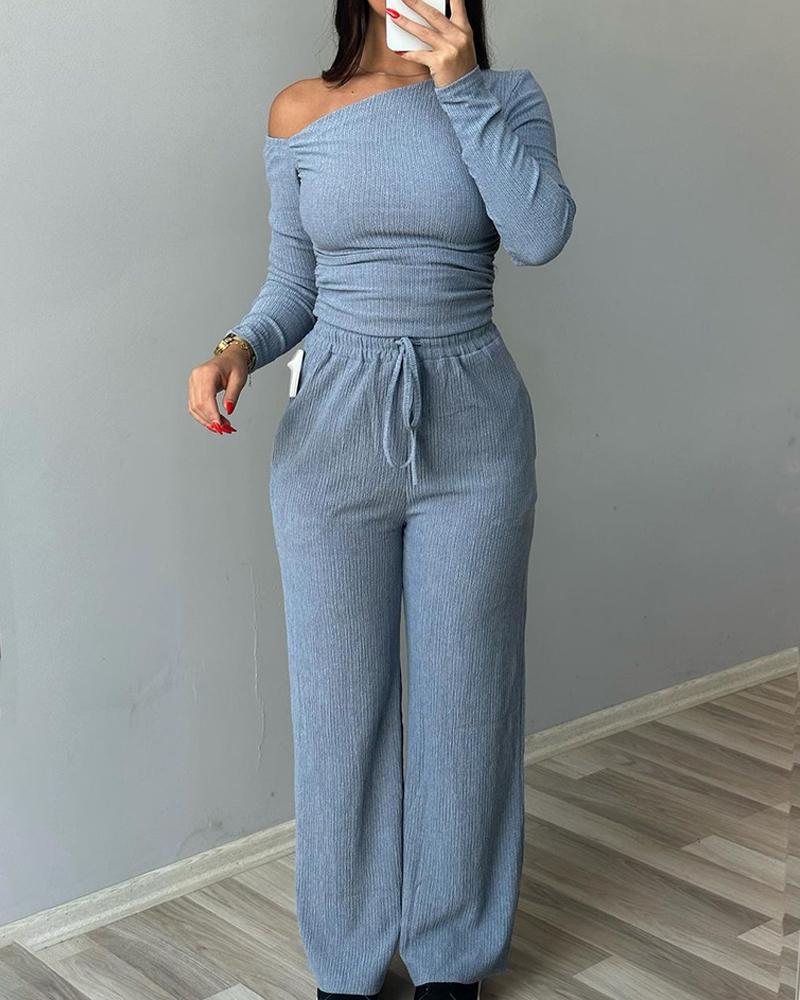 

2 Piece Skew Neck Long Sleeve Pullover Ribbed Top & Stretchy Tied Detail Waist Pants Outfits Set, Gray