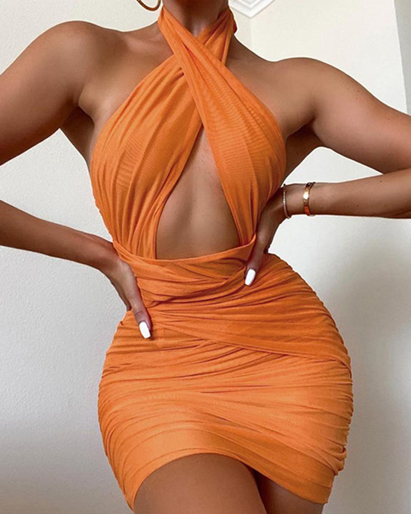 

Solid Halter Cut-Out Open Back Ruched Mini Dress, Orange