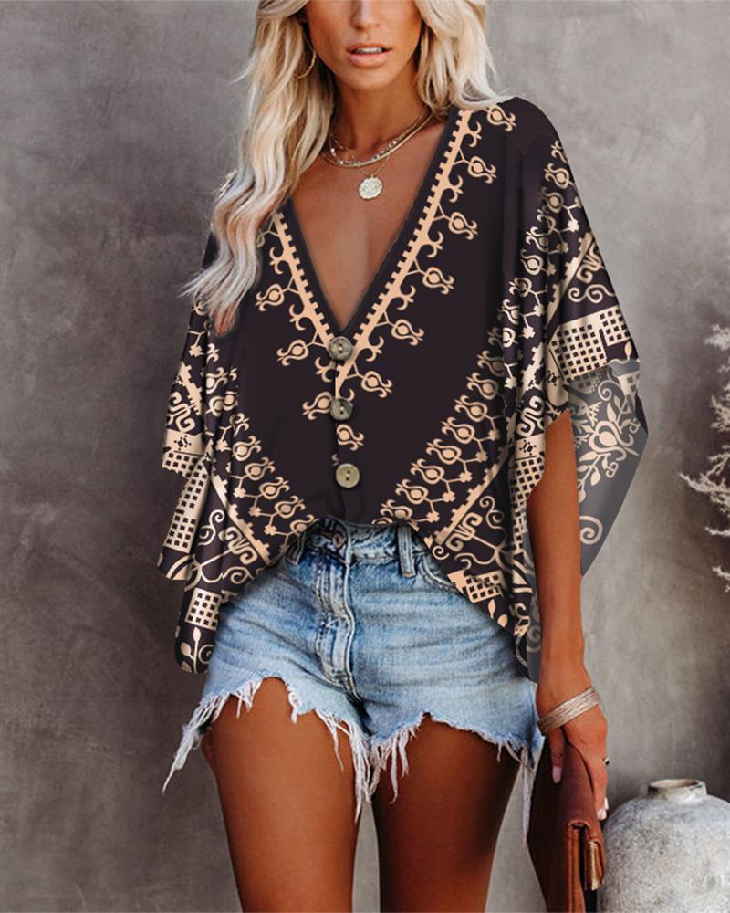 

Tribal Print V-Neck Button Front Batwing Sleeve Top, Black