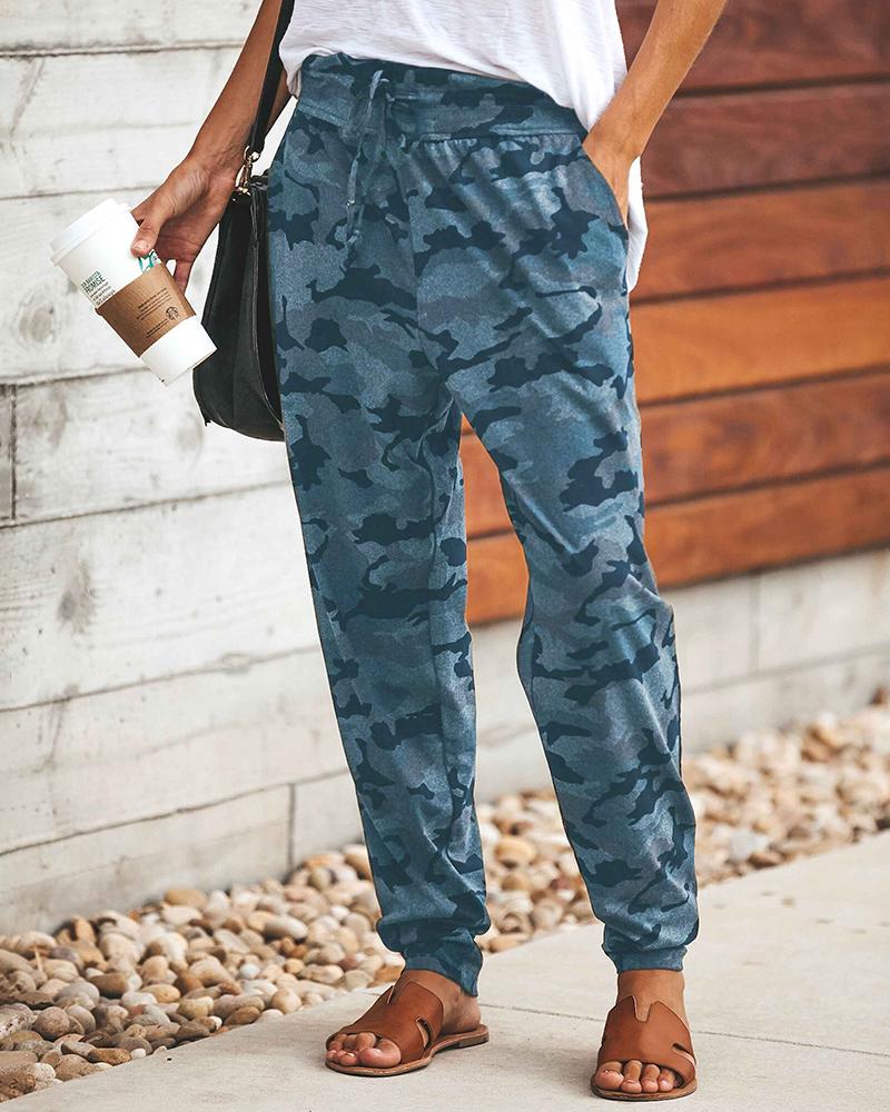 

Camo Print Drawstring Pocket Design Sweatpants, Blue