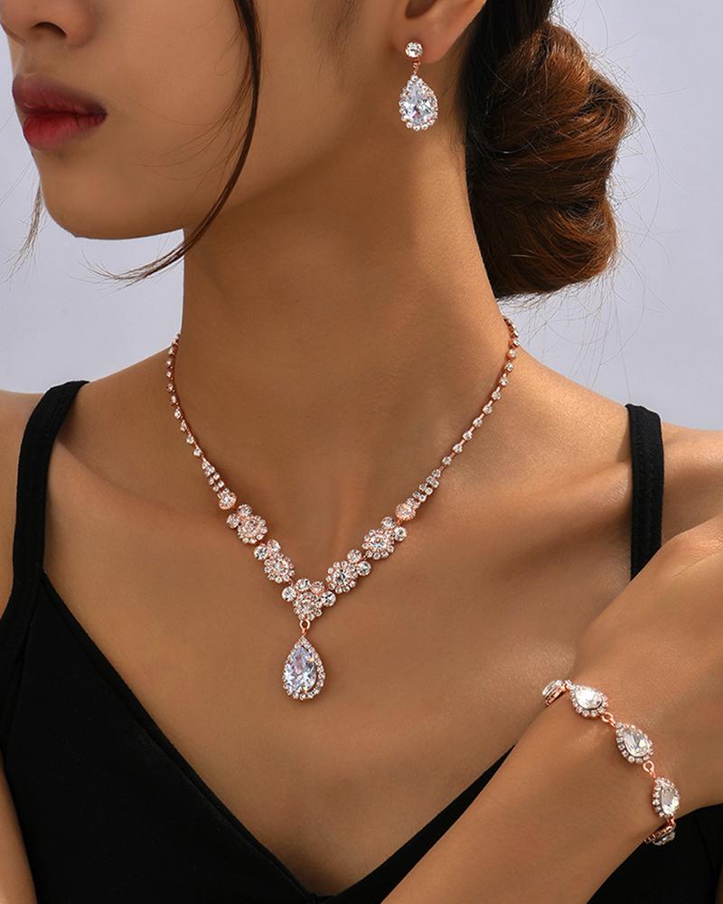 

3PCS Allover Rhinestone Floral Waterdrop Pendant Necklace & Drop Earrings & Bracelet Wedding Bridal Jewelry Set, Rose gold