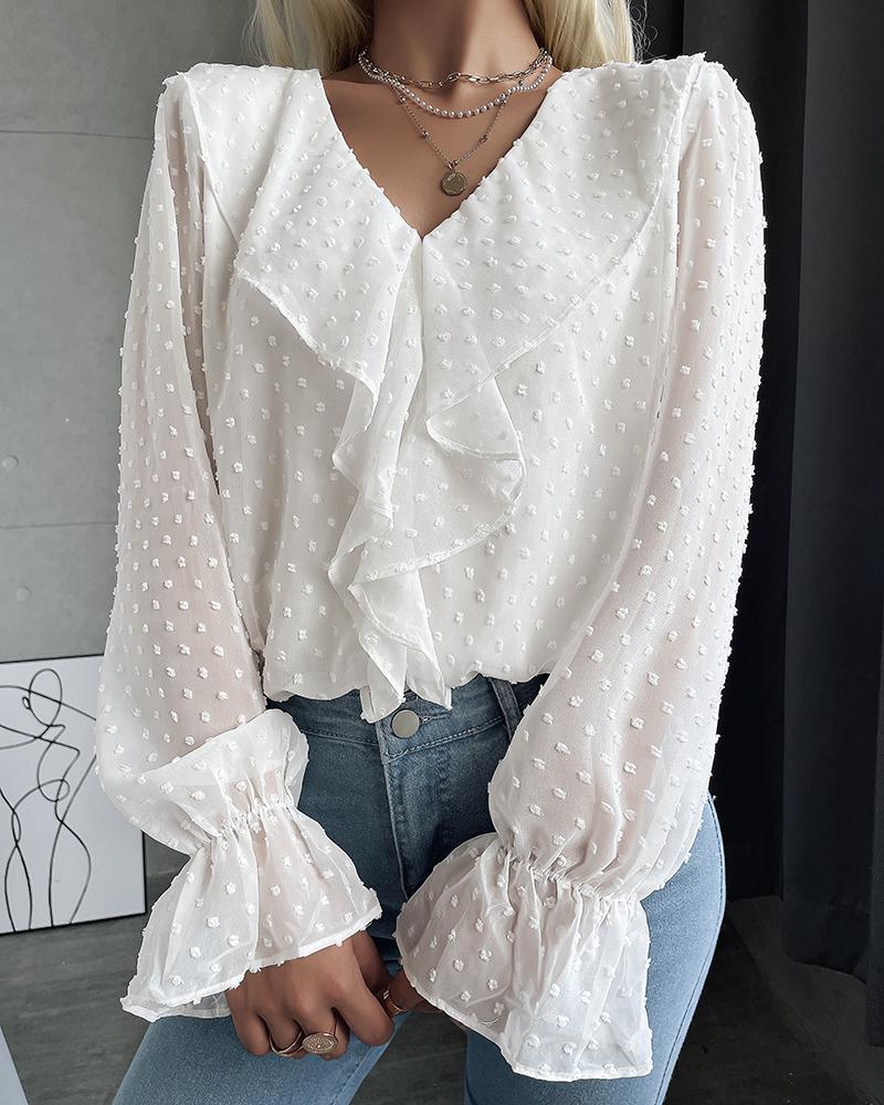 

Swiss Dot Ruffle Hem V Neck Lantern Sleeve Top, White