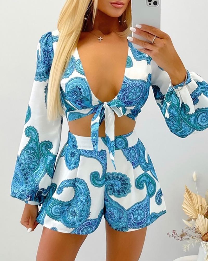 

Paisley Print Lantern Sleeve Knotted Top & Shorts Set, Blue