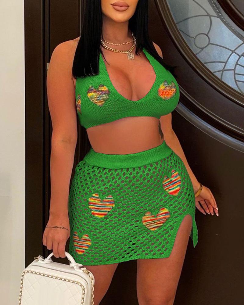 

Hollow Out Heart Pattern Bikini Top & Skirt Set, Green