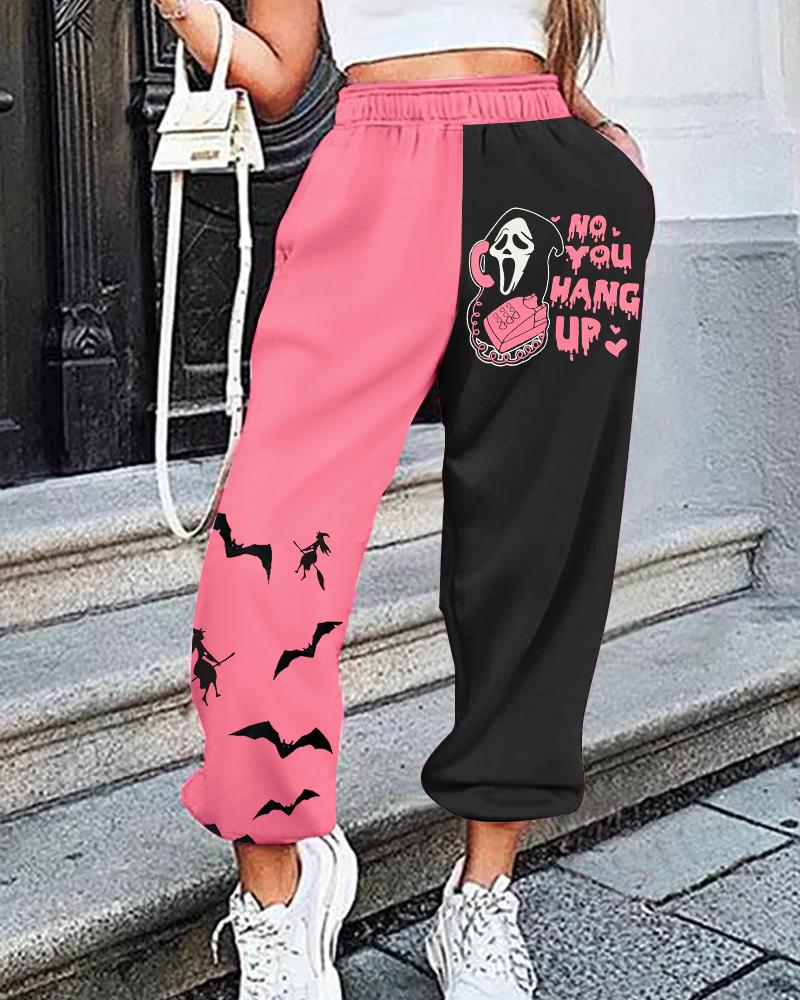 

Halloween Melting Ghost No You Hang Up Graphic Print Colorblock Cuffed Pants, Pink