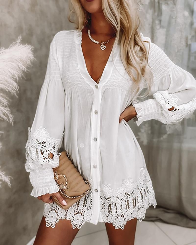 

Frill Hem Lantern Sleeve Shirred Lace Patch Dress, White