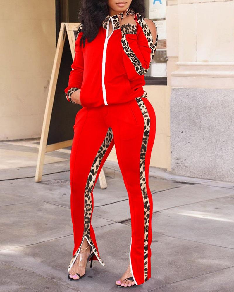 

Contrast Leopard Zip Detail Cold Shoulder Top & Pants Set, Red