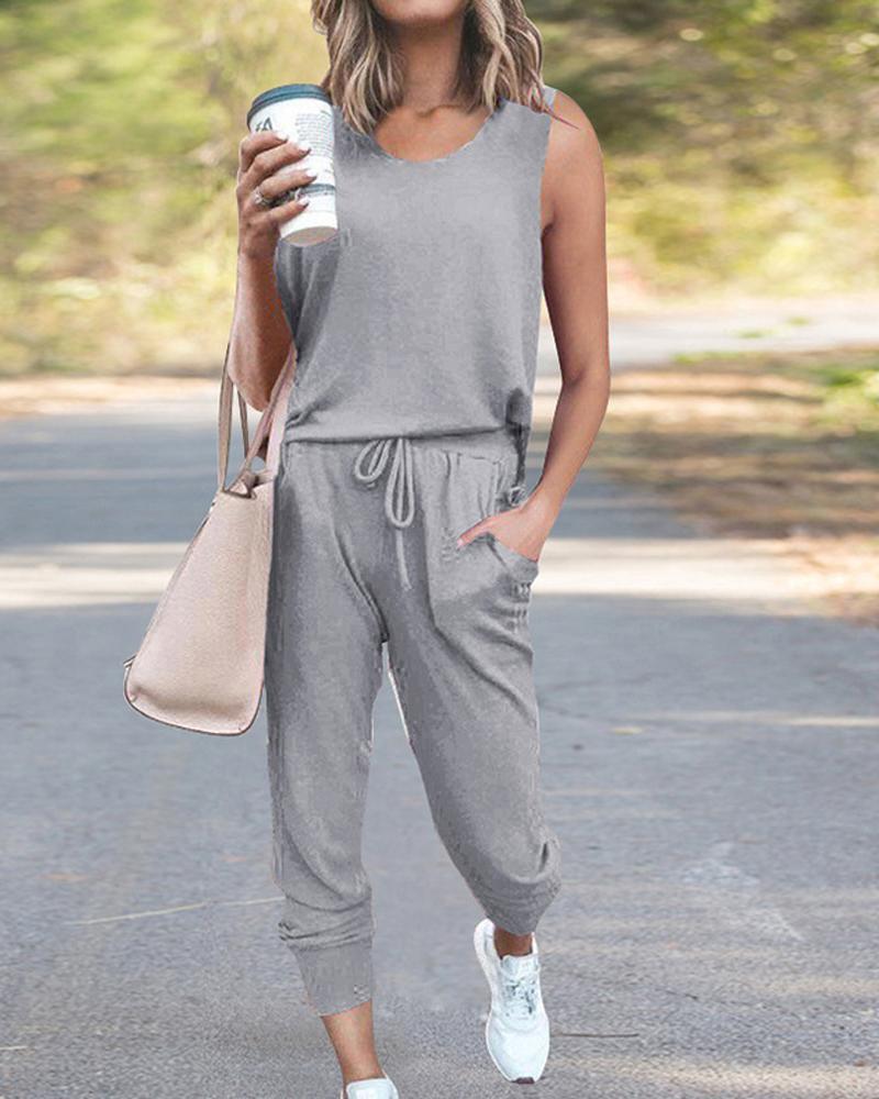 

Casual Tank Top & Drawstring Pants Set, Gray