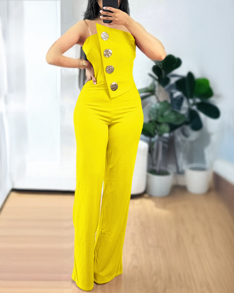 

Asymmetrical Bandeau Strapless Jumpsuit Metal Button Decor Casual Overalls, Yellow