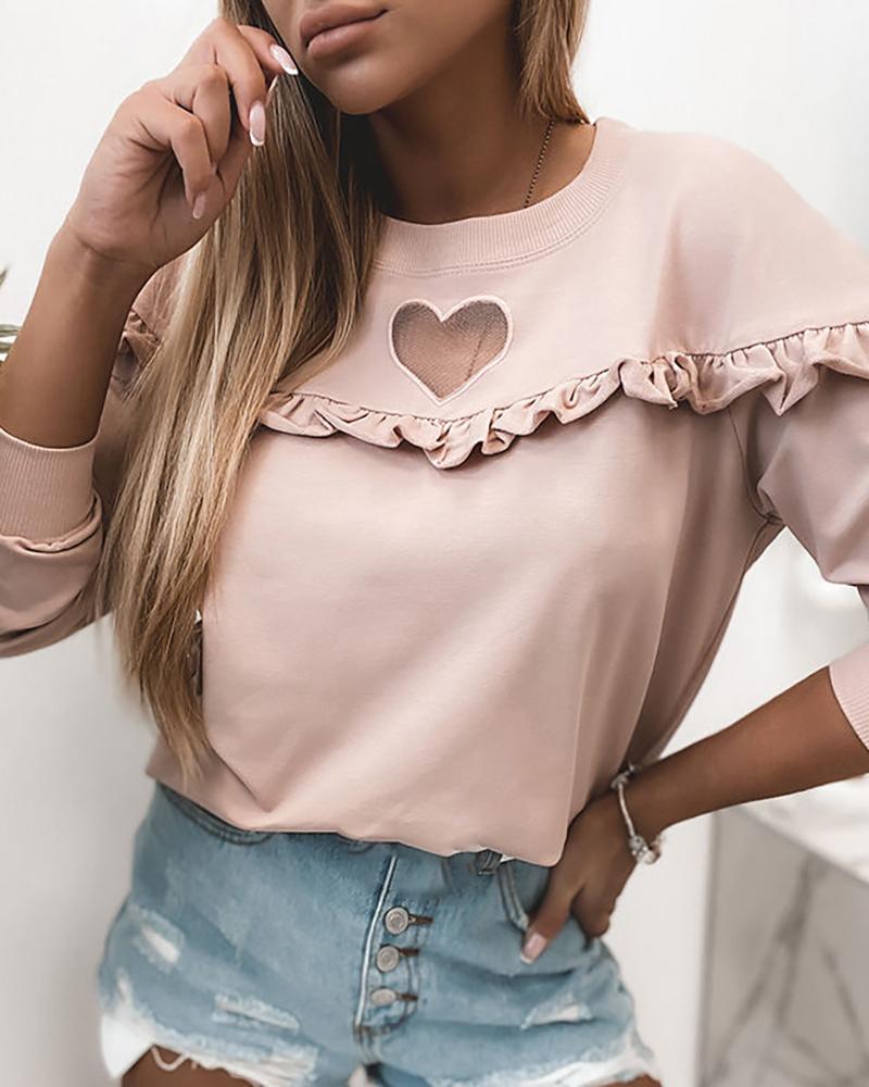 

Heart Pattern Frill Hem Casual Sweatshirt, Pink